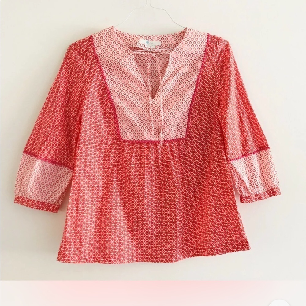 Boden | Gauzy Tie Neck Top Womens Size 6 Red Pullover Boho Star Print Blouse